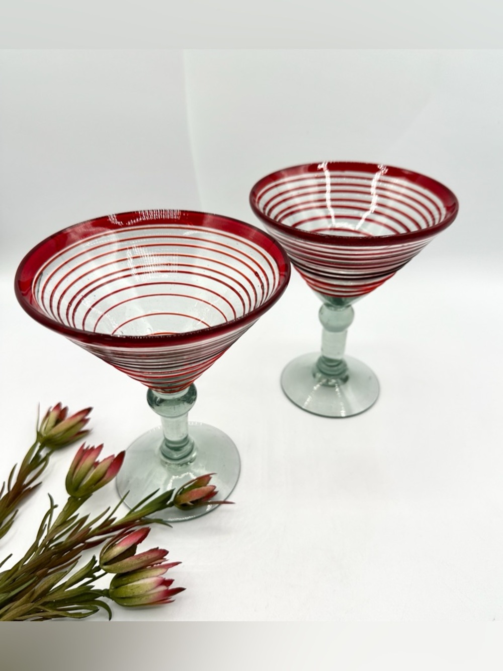 2 Red Striped Hand Blown Cocktail Glasses